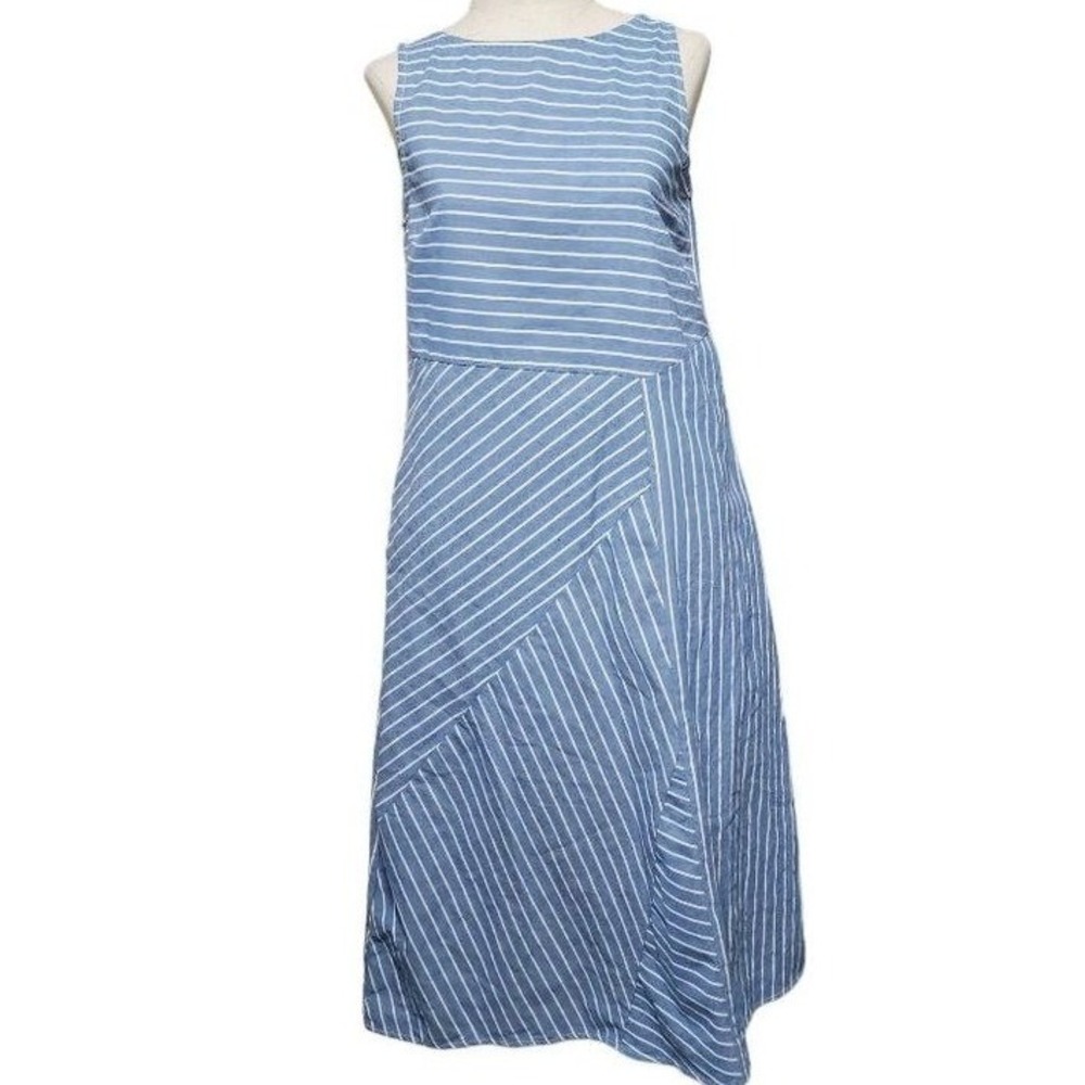 Tendancy framed cotton‎ striped dress size Small linen feel blue white